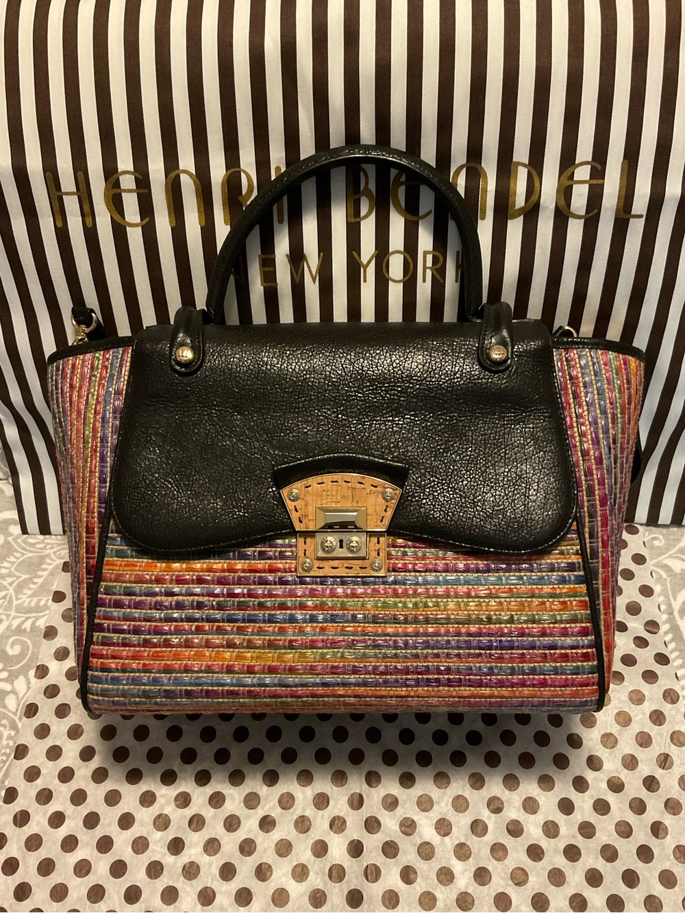Henri Bendel Colorful Marrakesh Woven Flap Satchel - Schoolbag Style w Dust Bag